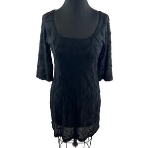 VTG Johnny Was Black Lace Shift Dress Scoop Neck Floral 3/4 Sleeve Size Small S